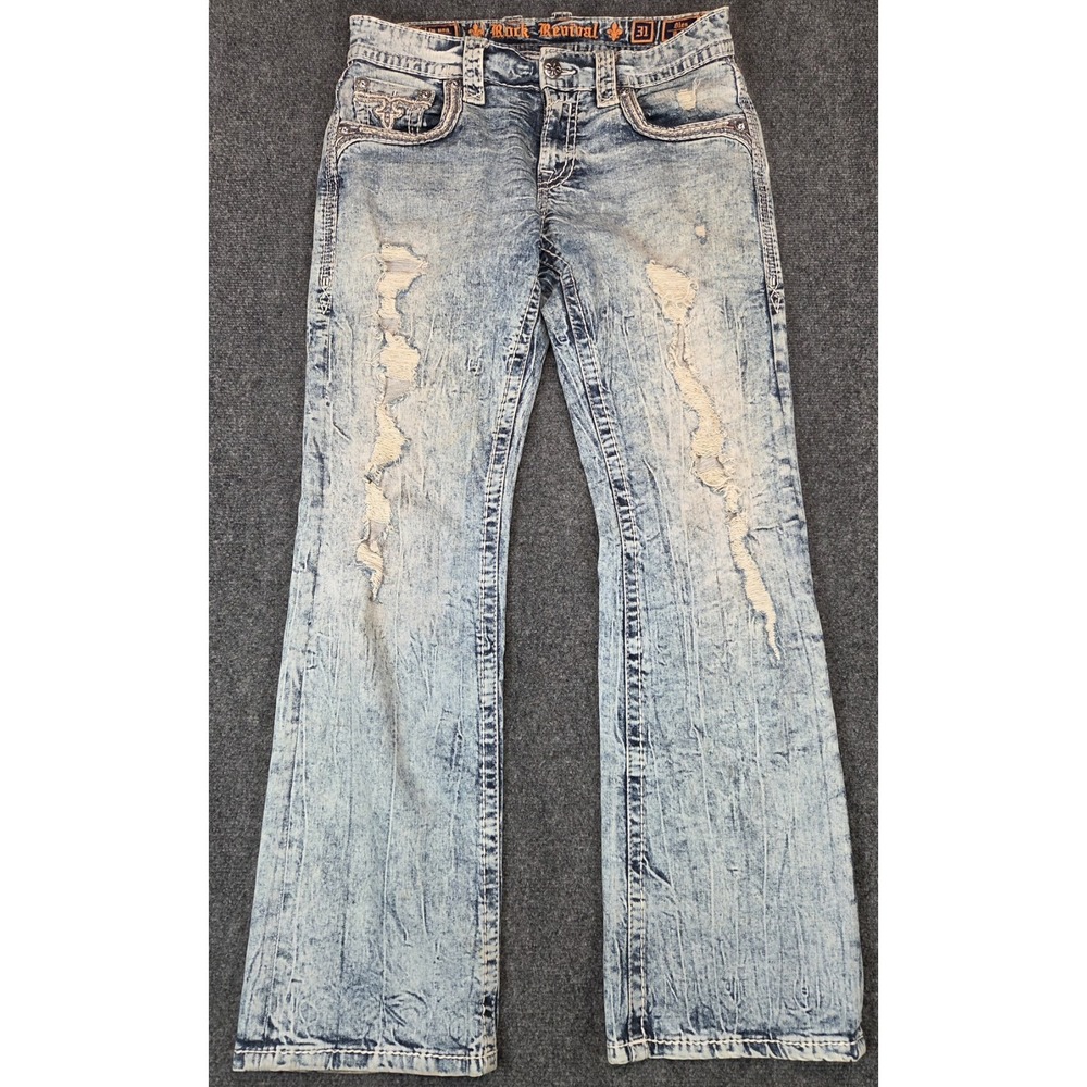 Rock Revival Olen Jeans Mens 34x32 (31tag) Blue Distressed Stretch - Picture 1 of 9